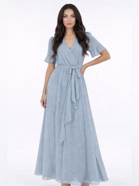 Light Blue Polka Dot Wrap Maxi Dress with Tie Waist